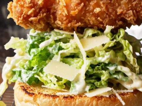 Crispy chicken Caesar sandwich on a toasted brioche bun with romaine and parmesan.