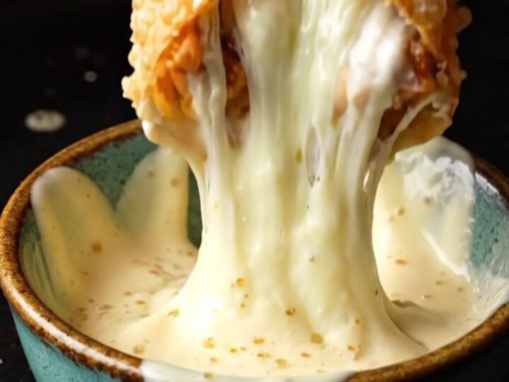 Garlic parmesan chicken wrap sliced in half showing cheese pull and crispy tortilla
