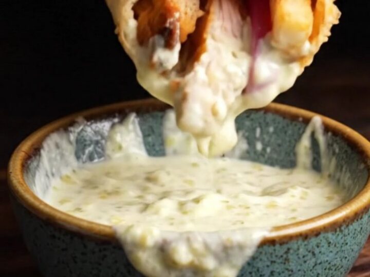 Crispy chicken shawarma wrap cut in half, showing layers of spiced chicken, garlic sauce, and pickles.