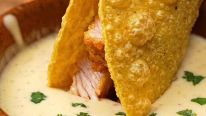 Crispy chicken Alfredo tacos with melted mozzarella and dipping sauce on a plate