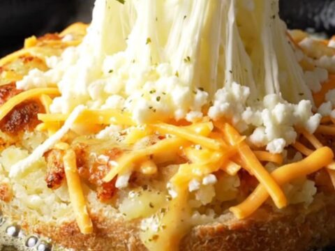 Golden skillet potato flatbread sliced open with melted mozzarella stretching between the halves