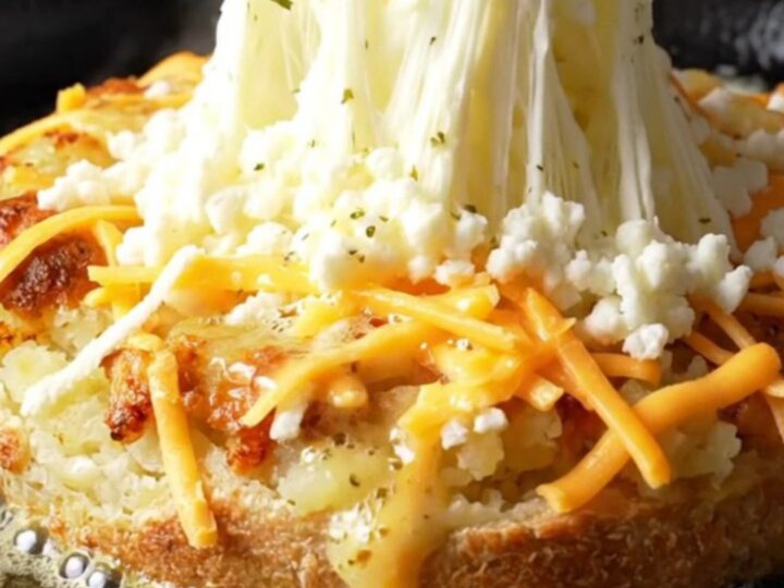 Golden skillet potato flatbread sliced open with melted mozzarella stretching between the halves