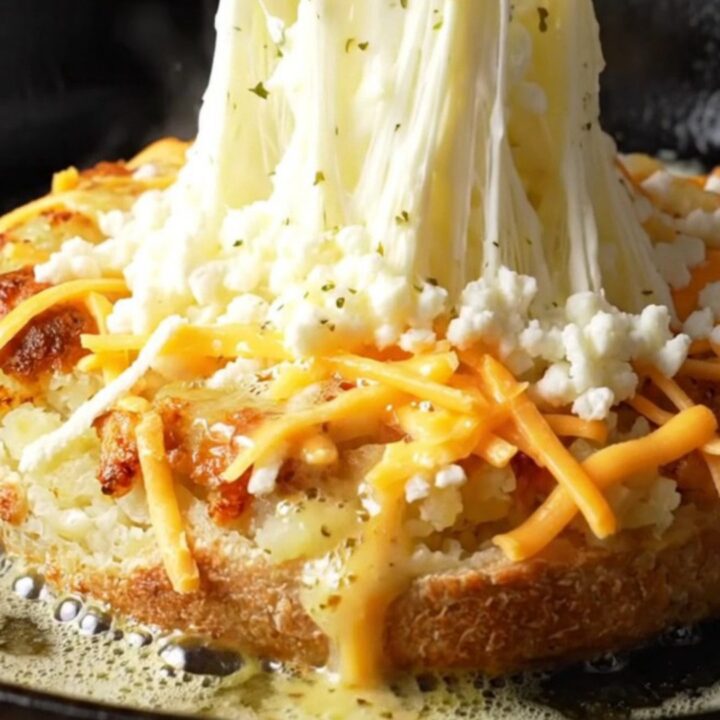 Golden skillet potato flatbread sliced open with melted mozzarella stretching between the halves