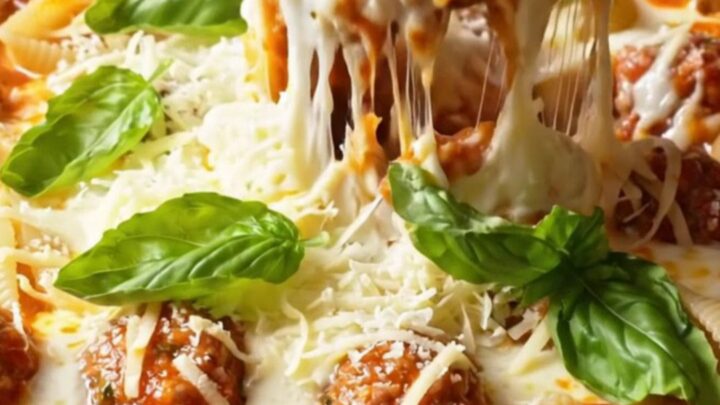 One-pot skillet with pasta shells, meatballs, and melted cheese, garnished with basil
