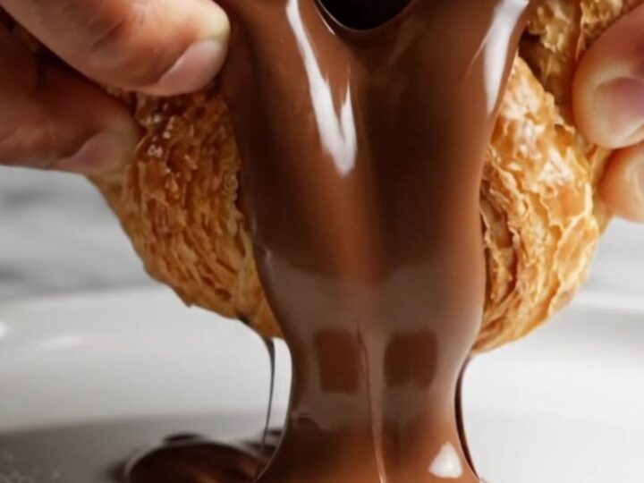 Golden braided puff pastry with melted chocolate oozing out