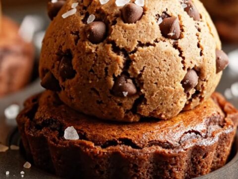 Brown butter brookie cups with gooey brownie center and chocolate chip cookie top
