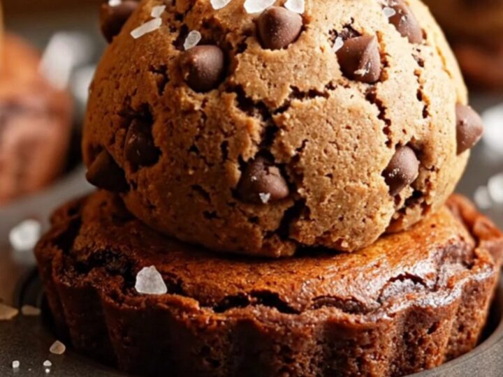 Brown butter brookie cups with gooey brownie center and chocolate chip cookie top