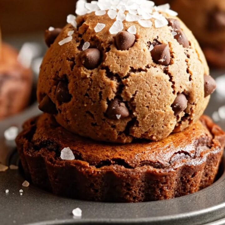 Brown butter brookie cups with gooey brownie center and chocolate chip cookie top