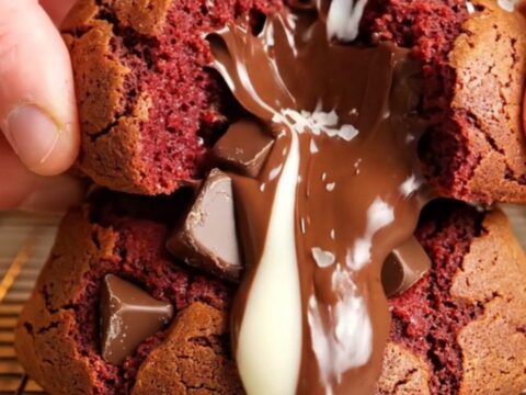 Giant red velvet chocolate chunk cookies stacked on a wire rack, showing cracked edges and melted chocolate