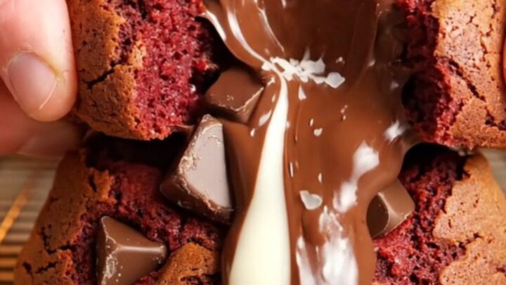 Giant red velvet chocolate chunk cookies stacked on a wire rack, showing cracked edges and melted chocolate