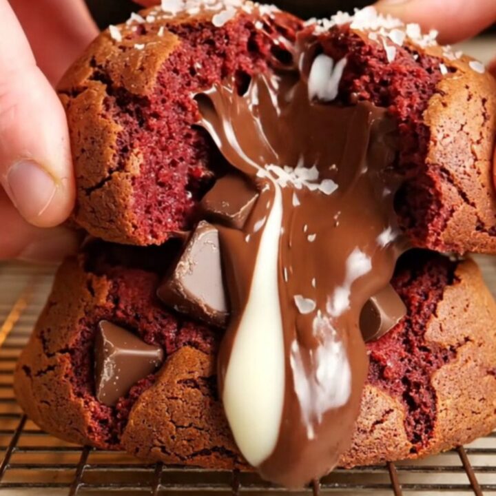 Giant red velvet chocolate chunk cookies stacked on a wire rack, showing cracked edges and melted chocolate
