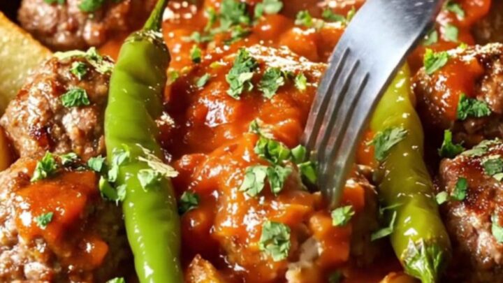 Baking dish with meatballs and potato wedges in tomato sauce, garnished with parsley