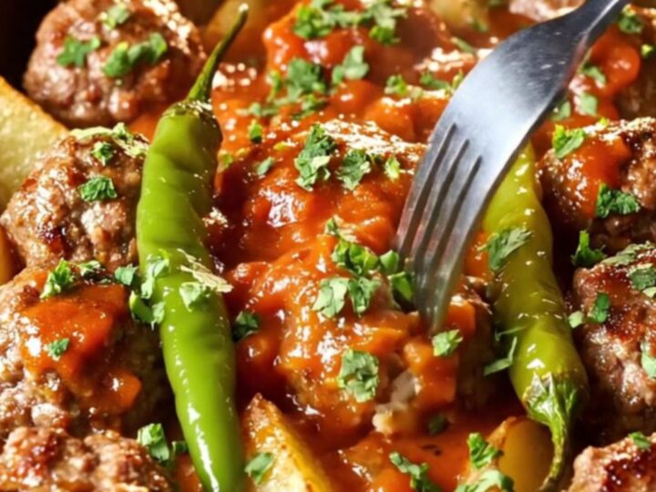Baking dish with meatballs and potato wedges in tomato sauce, garnished with parsley