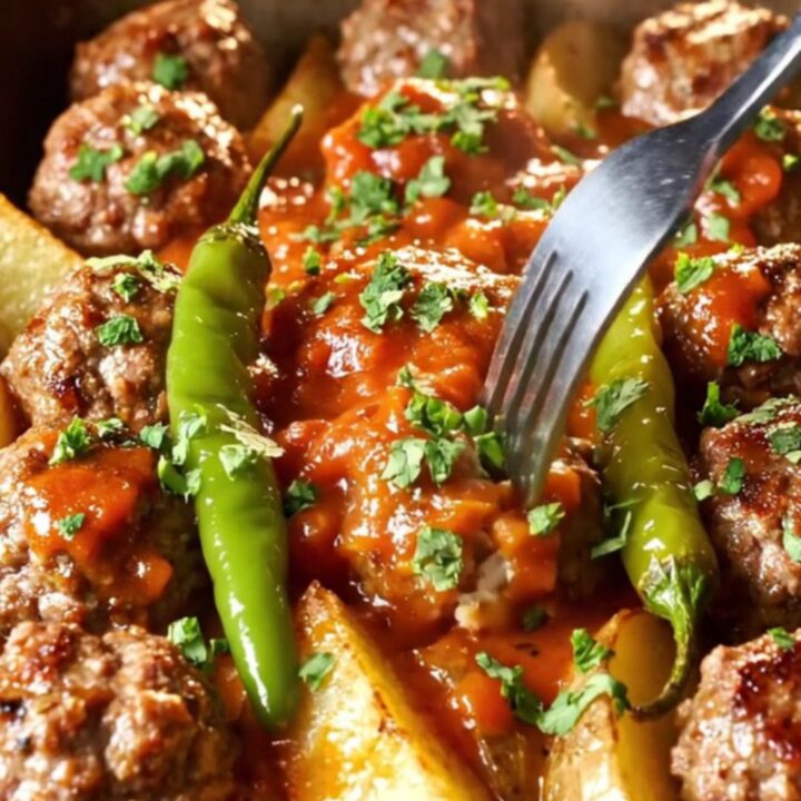 Baking dish with meatballs and potato wedges in tomato sauce, garnished with parsley