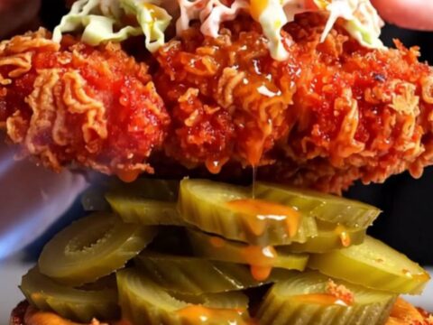 Spicy Nashville hot chicken sandwich with coleslaw and pickles on a brioche bun.