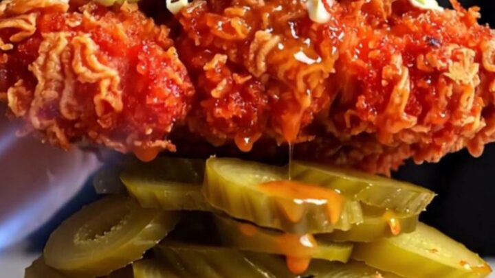 Spicy Nashville hot chicken sandwich with coleslaw and pickles on a brioche bun.
