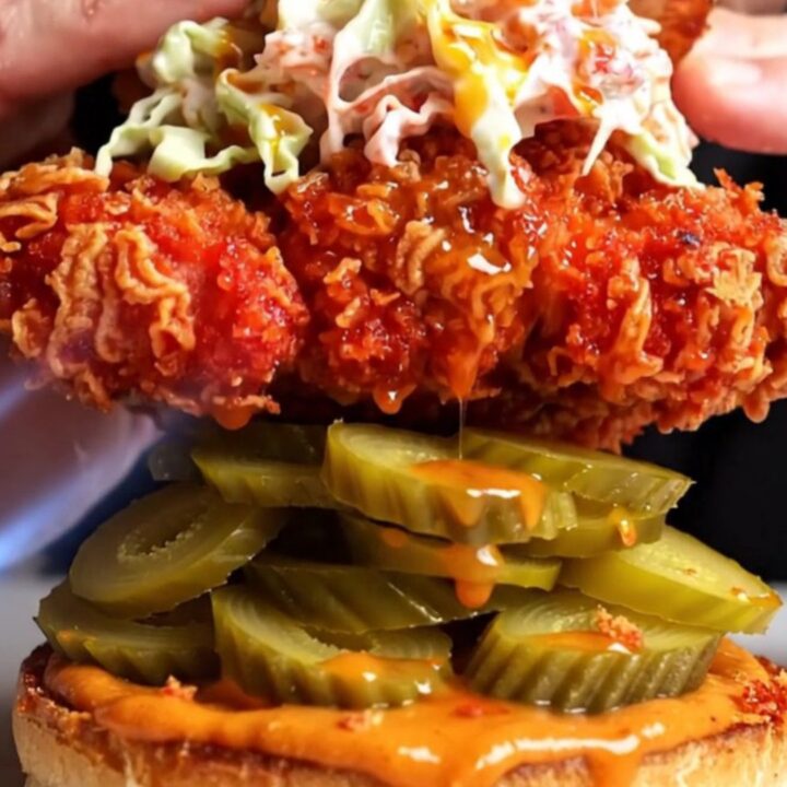 Spicy Nashville hot chicken sandwich with coleslaw and pickles on a brioche bun.