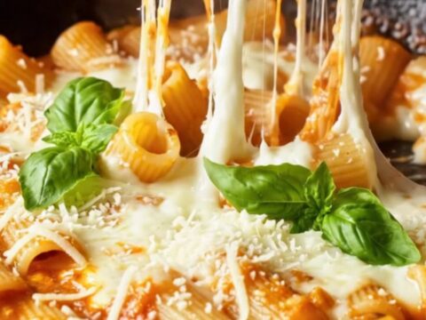 One-pan roasted tomato rigatoni bake with melted mozzarella and basil