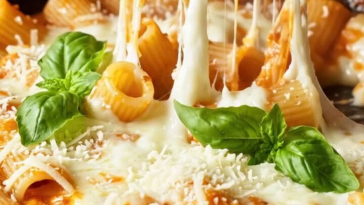 One-pan roasted tomato rigatoni bake with melted mozzarella and basil