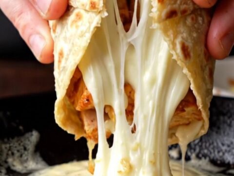 Crispy garlic parmesan chicken wrap cut diagonally, showing golden tortilla and melted cheese