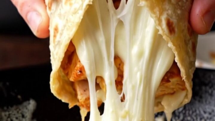 Crispy garlic parmesan chicken wrap cut diagonally, showing golden tortilla and melted cheese