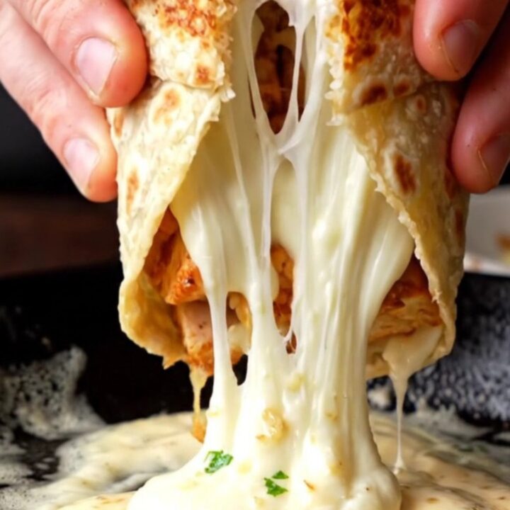 Crispy garlic parmesan chicken wrap cut diagonally, showing golden tortilla and melted cheese