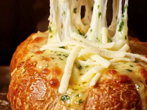 Golden Turkish garlic bread with melted mozzarella cheese pull
