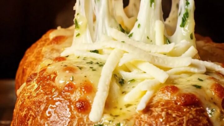 Golden Turkish garlic bread with melted mozzarella cheese pull
