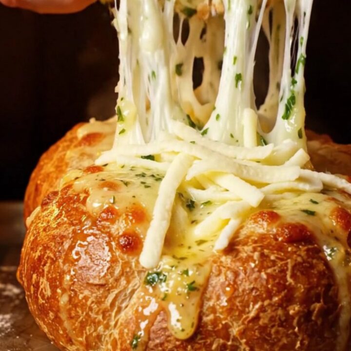 Golden Turkish garlic bread with melted mozzarella cheese pull