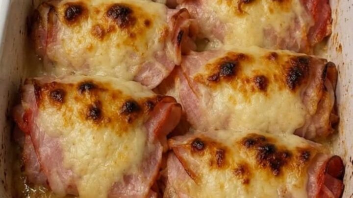 Huit rouleaux de jambon au fromage dorés et bouillonnants dans un plat blanc, une vapeur épaisse s'élevant au-dessus