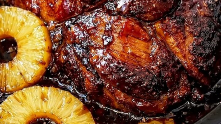 Rôti de bœuf glacé entouré de rondelles d'ananas caramélisées dans l'insert noir de la mijoteuse