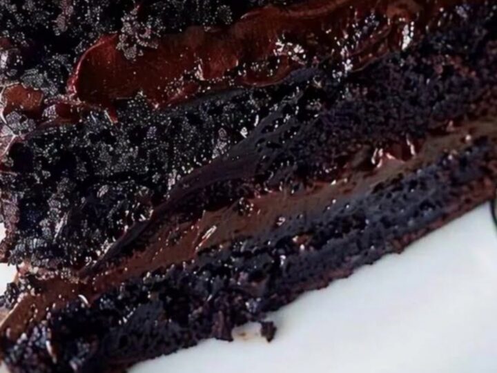 Gâteau au fudge au chocolat en trois couches sur une assiette blanche, ganache coulant sur les côtés