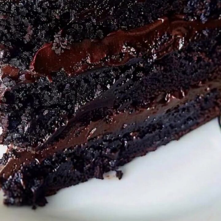 Gâteau au fudge au chocolat en trois couches sur une assiette blanche, ganache coulant sur les côtés