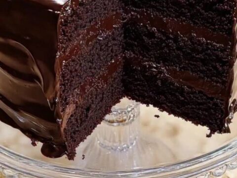 Gâteau au chocolat noir en trois couches au glaçage soyeux, une part coupée posée sur un présentoir en verre