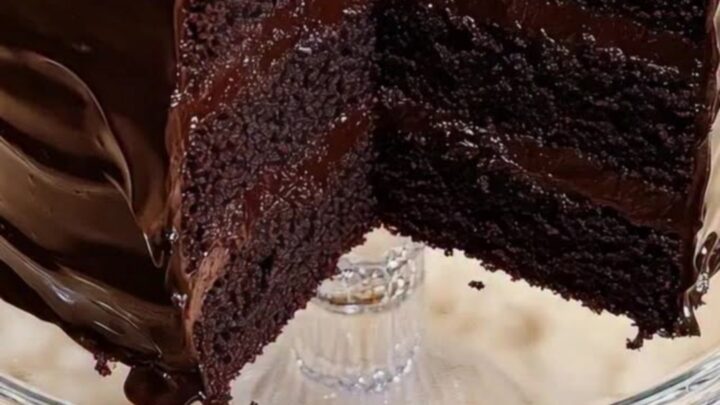 Gâteau au chocolat noir en trois couches au glaçage soyeux, une part coupée posée sur un présentoir en verre