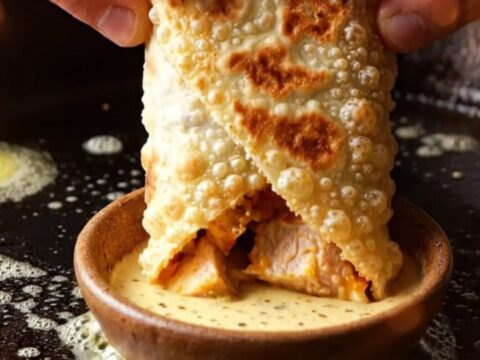 Crispy chicken lavash wrap cut in half showing juicy chicken, melted cheese, and garlic sauce