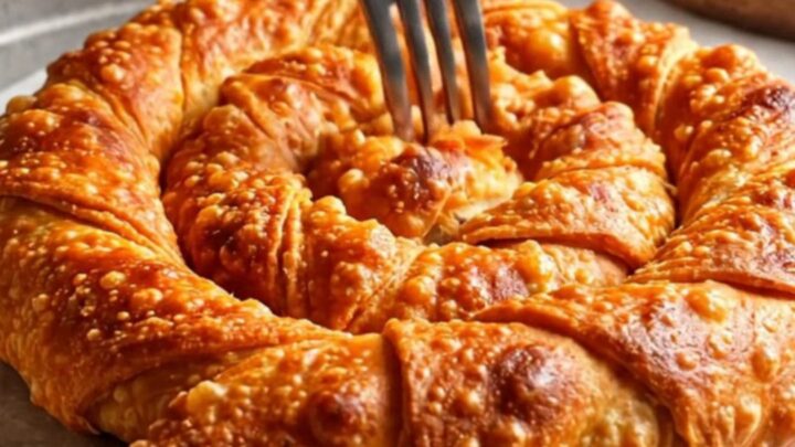 Hand-stretched Turkish börek spiral with crispy golden crust