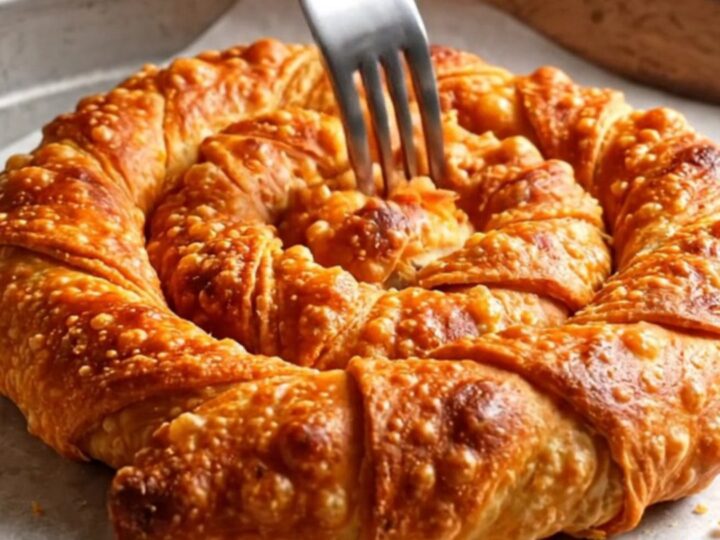 Hand-stretched Turkish börek spiral with crispy golden crust