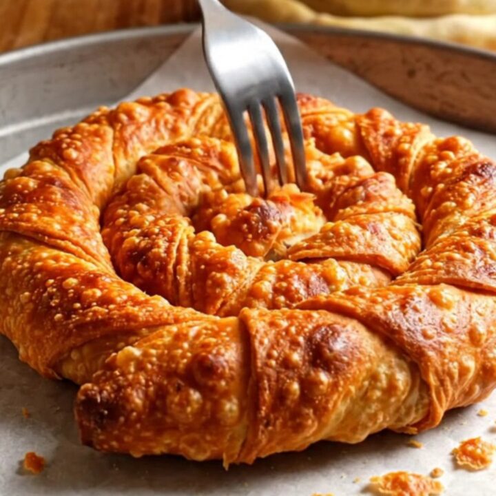 Hand-stretched Turkish börek spiral with crispy golden crust