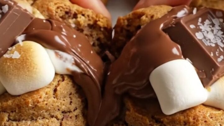 Warm s'mores cookies with gooey marshmallow pull and melted chocolate chunks on a parchment-lined baking sheet