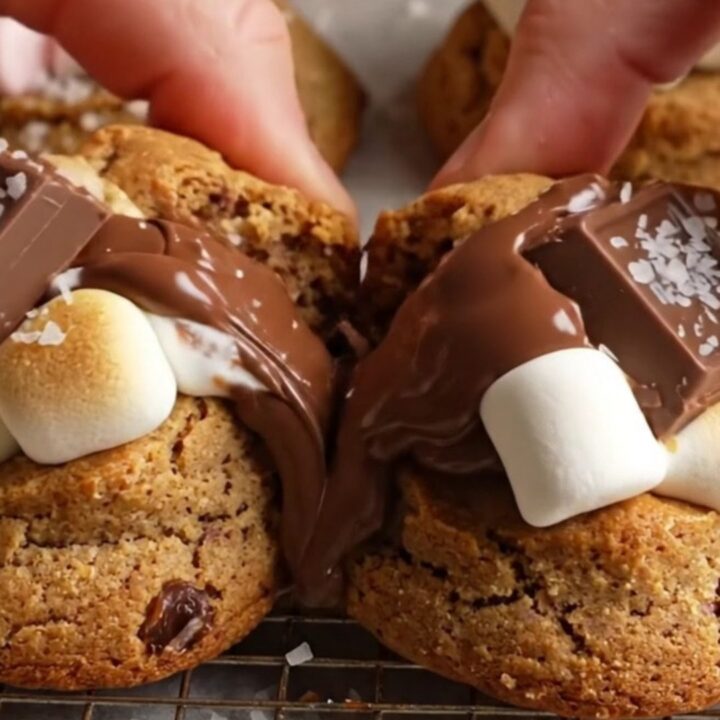 Warm s'mores cookies with gooey marshmallow pull and melted chocolate chunks on a parchment-lined baking sheet