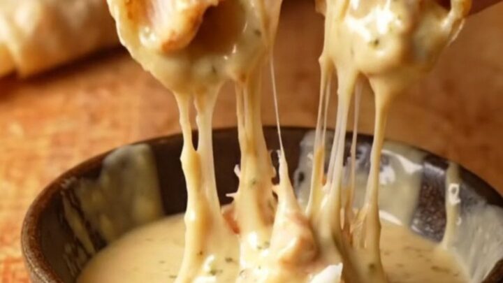 Crispy chicken alfredo wrap sliced in half with creamy sauce oozing out, golden tortilla