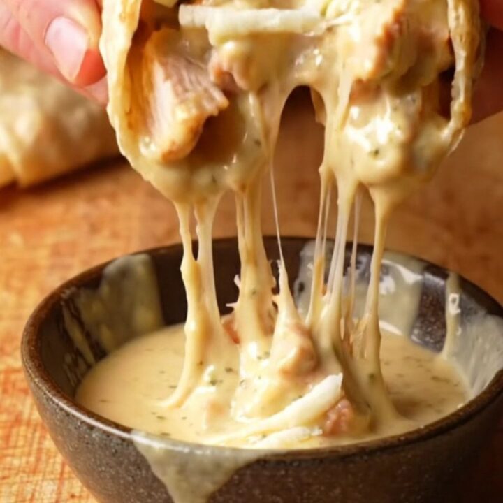 Crispy chicken alfredo wrap sliced in half with creamy sauce oozing out, golden tortilla
