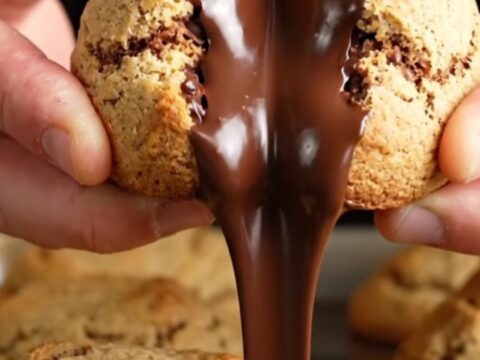 Giant 6-ounce two-chip cookie broken open showing molten chocolate center