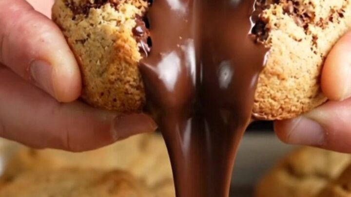Giant 6-ounce two-chip cookie broken open showing molten chocolate center