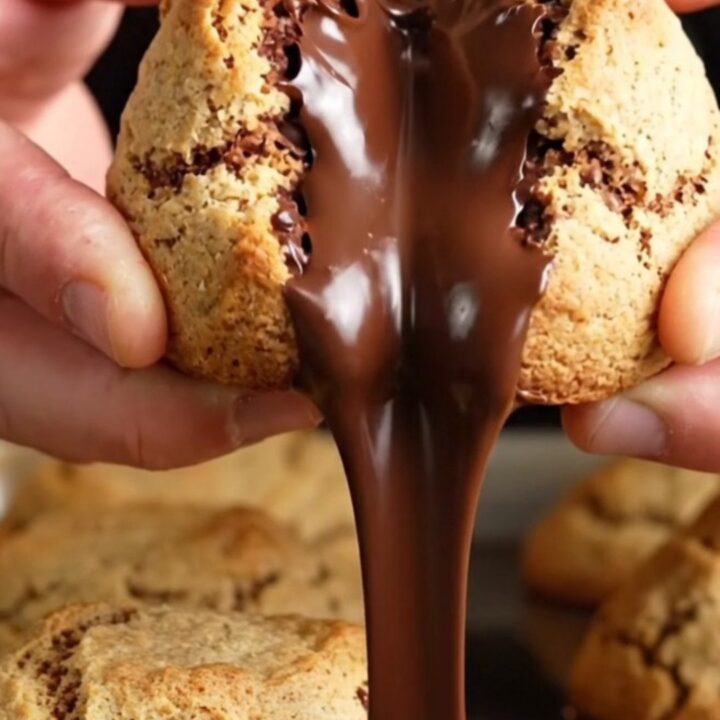 Giant 6-ounce two-chip cookie broken open showing molten chocolate center