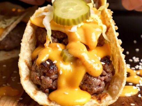 Crispy smash burger tacos with melted cheddar, burger sauce, pickles, and lettuce, folded in a warm tortilla.