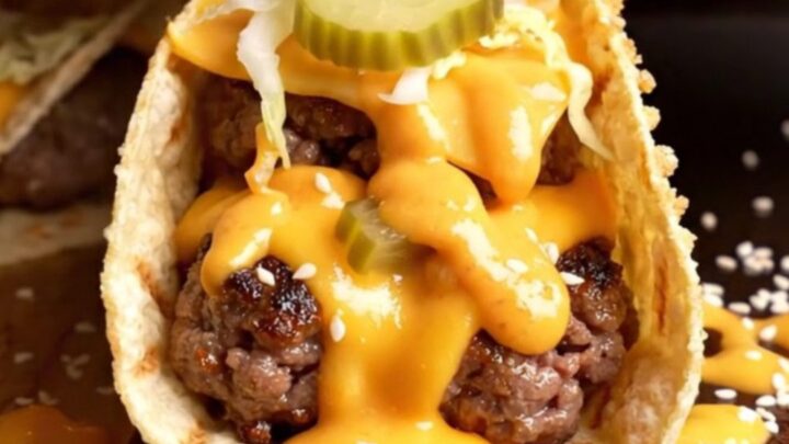 Crispy smash burger tacos with melted cheddar, burger sauce, pickles, and lettuce, folded in a warm tortilla.