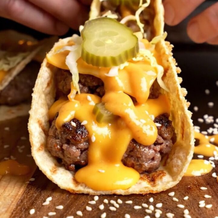 Crispy smash burger tacos with melted cheddar, burger sauce, pickles, and lettuce, folded in a warm tortilla.