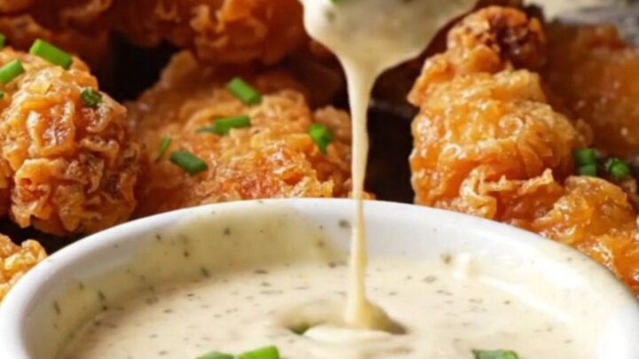 Golden crispy chicken tenders stacked on a wire rack, with a bowl of ranch for dipping